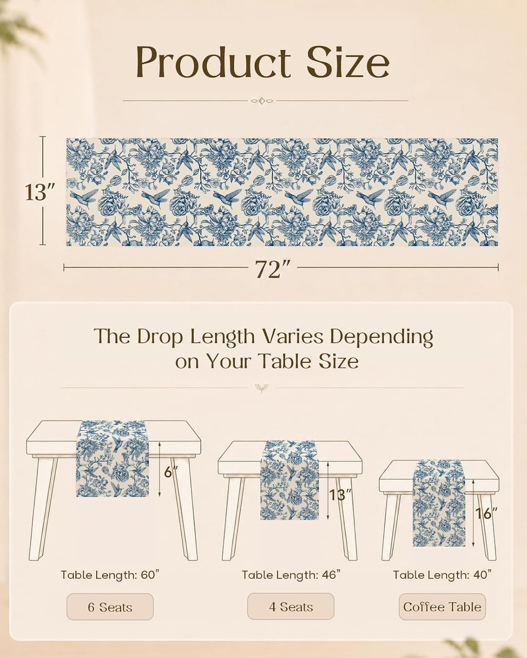 Poly and Linen Blend Table Runner, Porcelain Garden