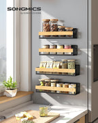 SONGMICS 4-Pack Strong Magnetic Real Bamboo Spice Racks for Fridge