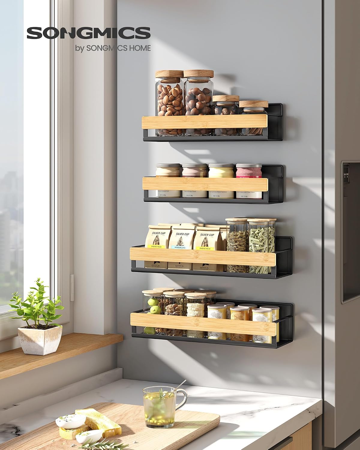 SONGMICS 4-Pack Strong Magnetic Real Bamboo Spice Racks for Fridge