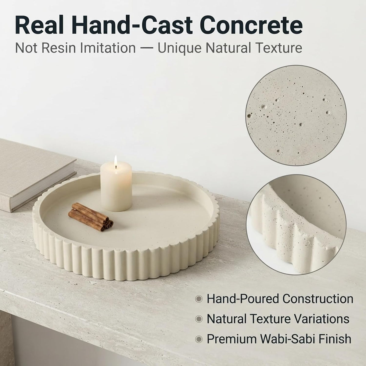 Round Solid Concrete Tray, Fluted Centerpiece for Coffee Table Decor 13"