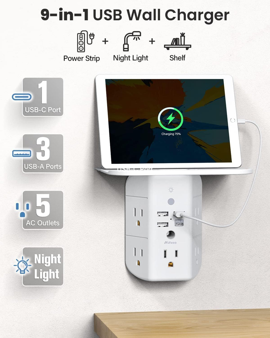 Mifaso Outlet Extender with Shelf and Night Light, 1800J Surge Protector