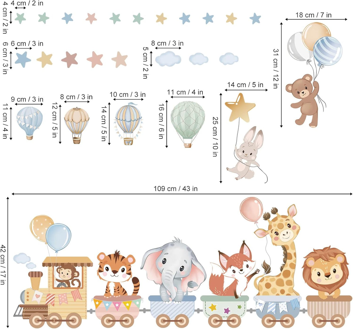 wondever Jungle Animals Train Wall Decals Hot Air Balloon Wall Stickers