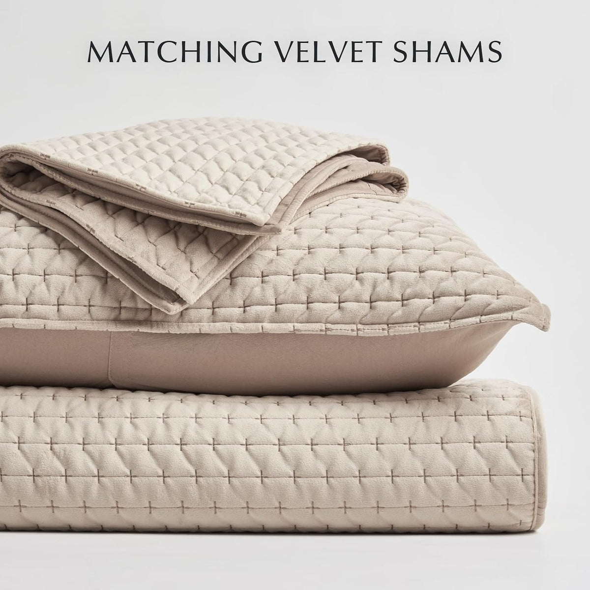 EverGrace Cross-Stitch Velvet Quilt Set, King Size, Light Taupe