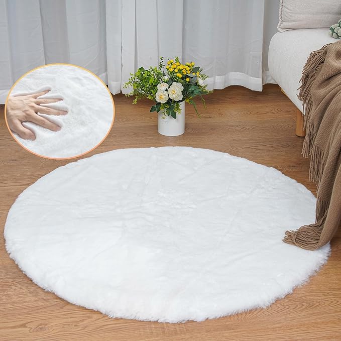 ORINOVA White Faux Fur Round Rug 4ft Fluffy Rabbit Fur Rug Machine Washable - Image 3