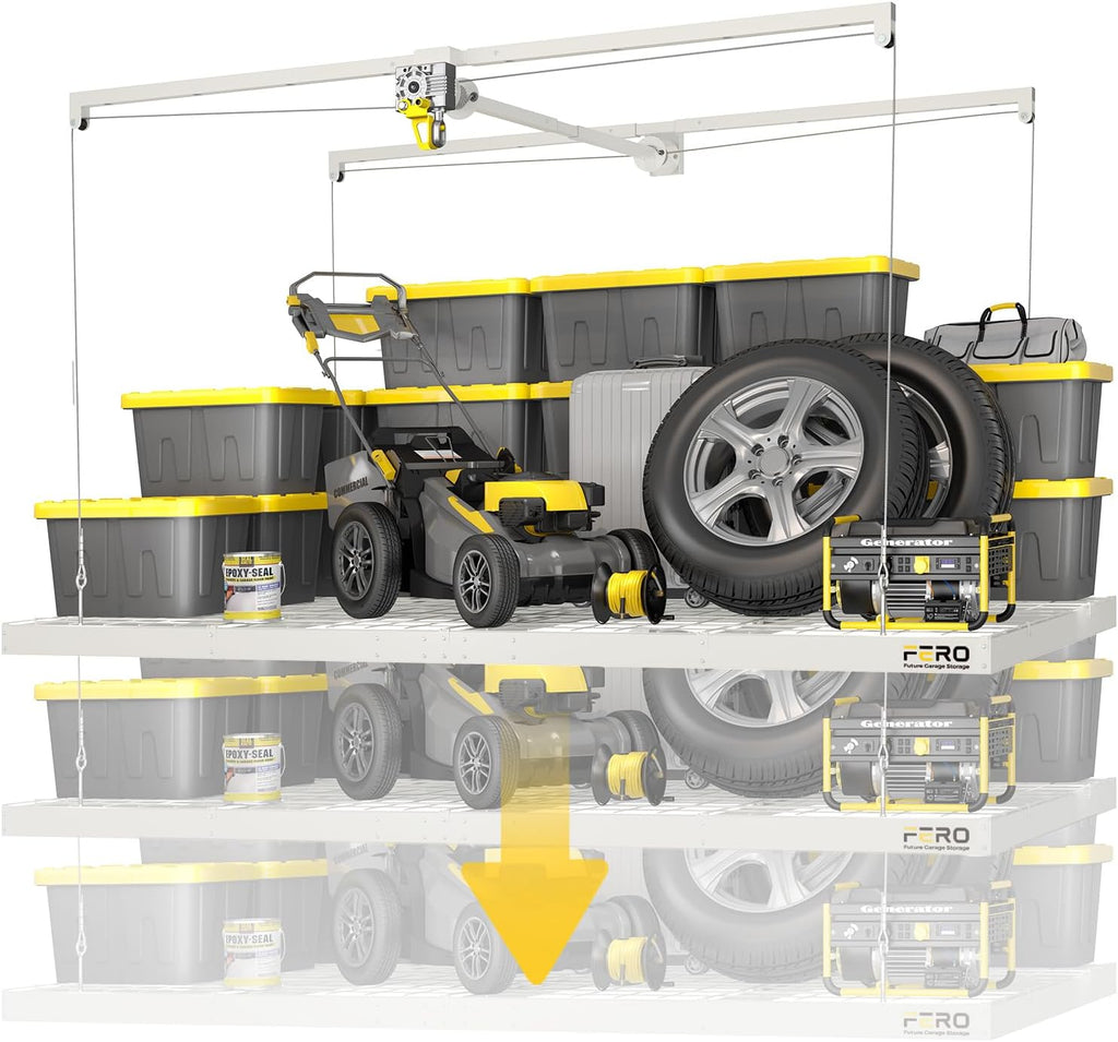 Garage Ceiling Storage Racks – 4x8 FT Overhead Garage Storage Rack with Safety Lock, Heavy-Duty Ceiling Mounted Lift System and Storage Organizer, Ideal for Maximizing Overhead Space, 325 lbs Capacity