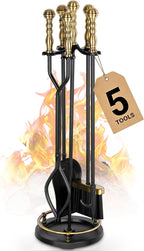 Fireplace Tools Set 5 Pcs Wrought Iron Large Fire Tool Set with Brass Handles for Outdoor/Indoor, Fireplace Accessories Set Included Poker, Tong, Shovel, Brush