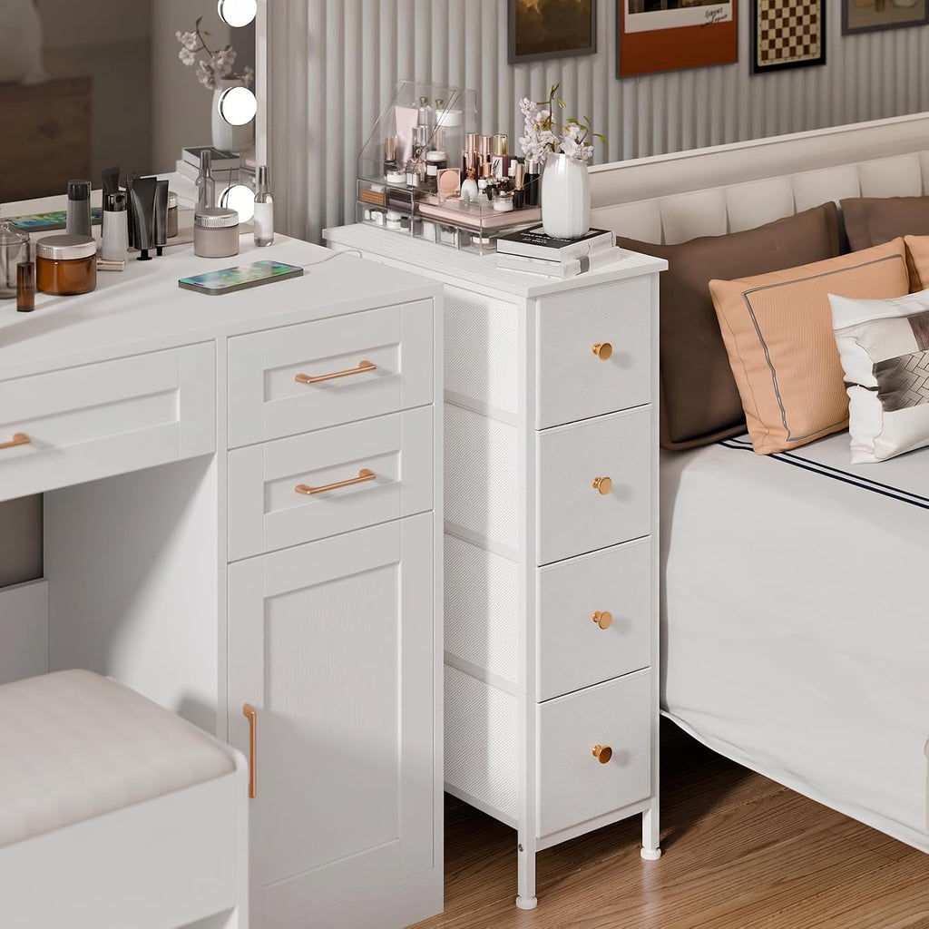 Fixwal Narrow Storage Cabinet, Slim Dresser with 4 Fabric Drawers, White
