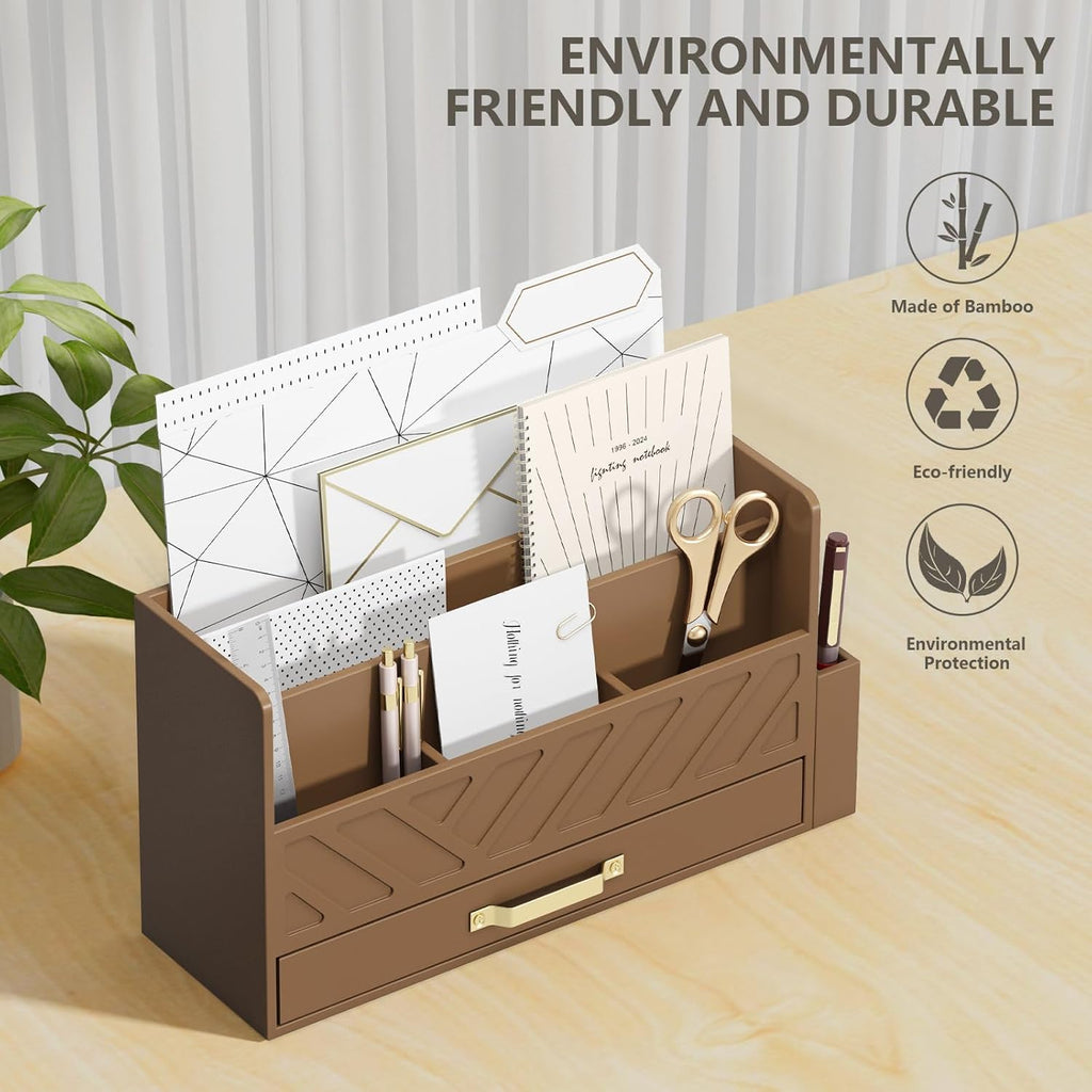 Bamboo Mail Organizer Countertop Pen Holder Wooden Desktop Storage Drawers