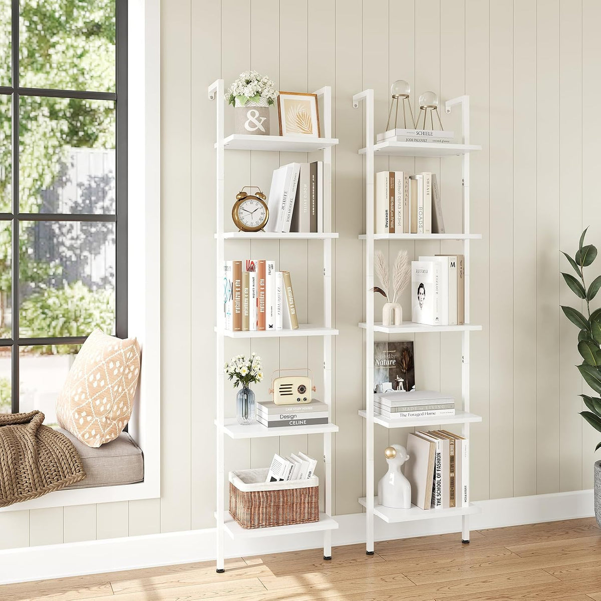ELYKEN Ladder Shelf, 5-Tier Wood Wall Mounted Ladder Bookshelf