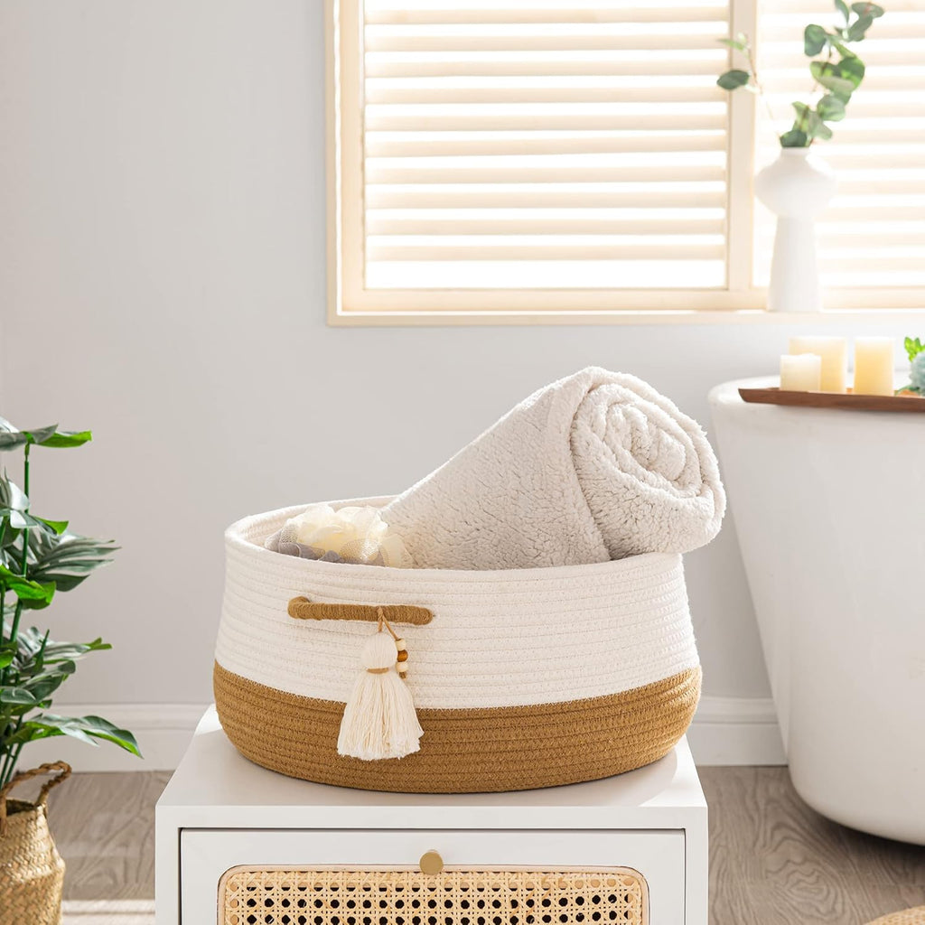 KAKAMAY Woven Baskets for Storage(16"x8"),Blanket Basket for Organizing Living Room,Cotton Rope Basket Woven Baby Laundry Hamper,Collapsible Laundry Room Organization,Clothes,Toy Chest(Brown)