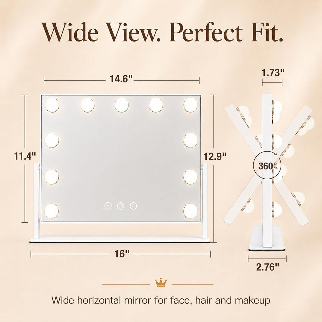 ROLOVE 16 x 12.9 in Hollywood Vanity Mirror with Lights, Tabletop Lighted Makeup Mirror, 11 Dimmable LED Bulbs, 3 Color Lights, Detachable 10X Magnifying Mirror, White, for Desk, Bedroom & Dorm