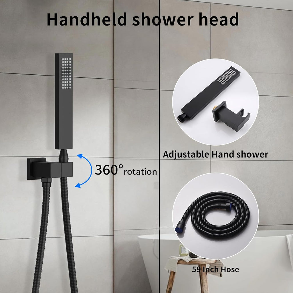 Bathroom Shower System with 14x20 Inch Ceiling Mount LED Head & 8 Inch Wall Head and Handheld Shower 4 Function Valve with body jets,Matte Black