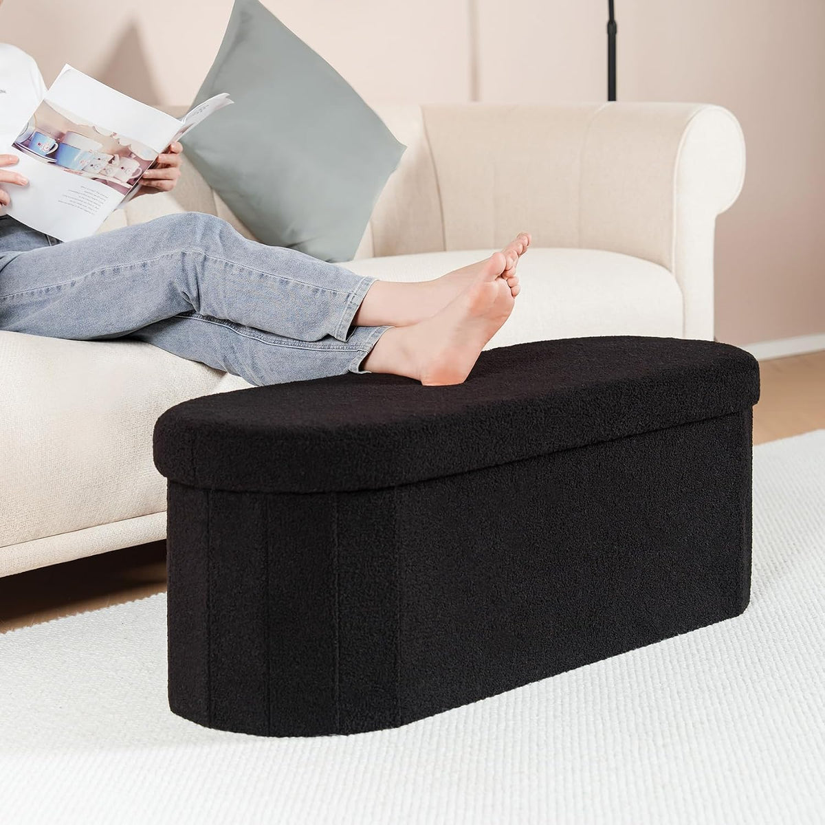 B FSOBEIIALEO 43.3" Sherpa Ottoman with Storage for Living Room, Black