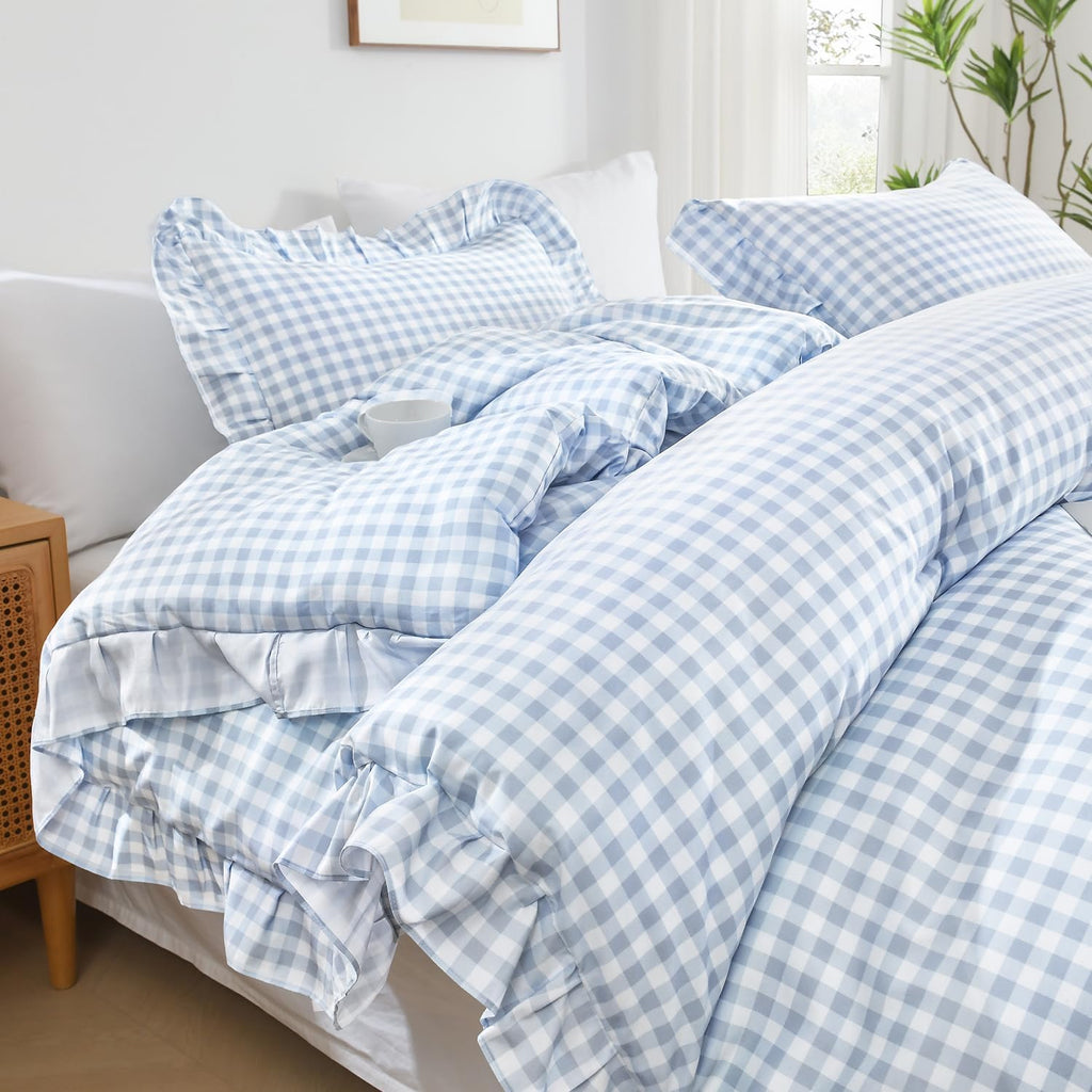 Andency Blue Gingham Ruffle Comforter Queen, 3 Pieces Vintage Bedding
