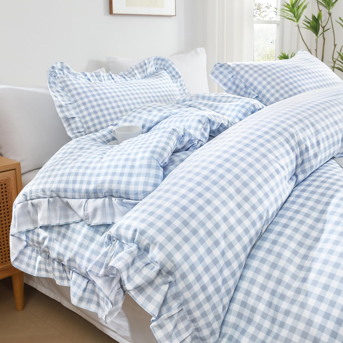 Andency Blue Gingham Ruffle Comforter Queen, 3 Pieces Vintage Bedding