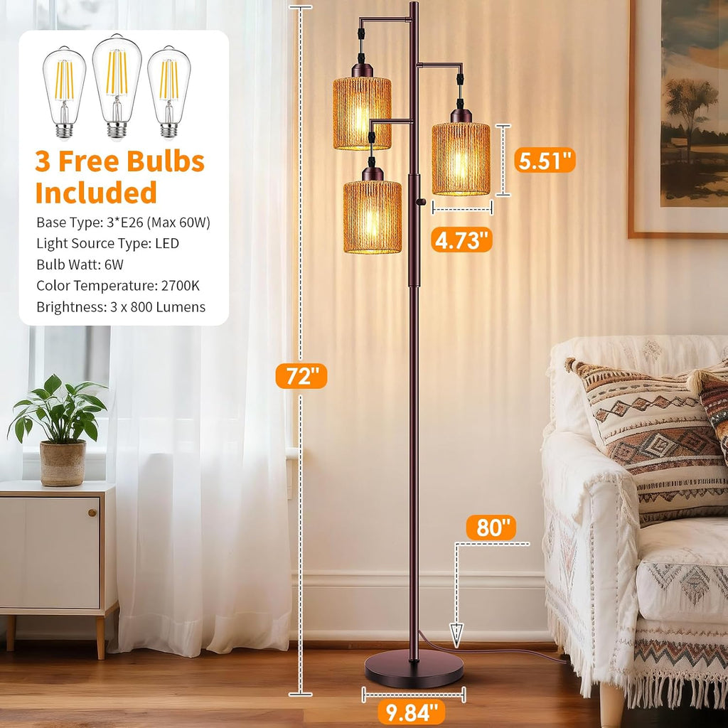 Hotsonic 72" Boho Rattan Tree Floor Lamp, Tall Dimmable Industrial Standing Lamp, Corner Decor Accent Lighting for Living Room, Bedroom, Dining Room, Nursery, Cafe (3 x 800LM Bulbs Included) - Brown