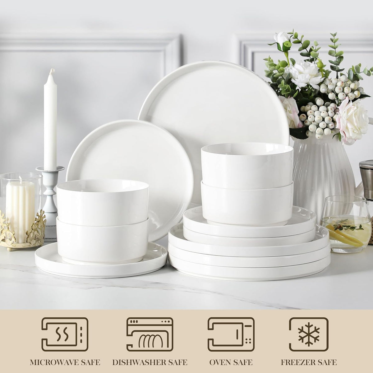 MALACASA 12-Piece Porcelain Dinnerware Set, Modern White Dish Set for 4