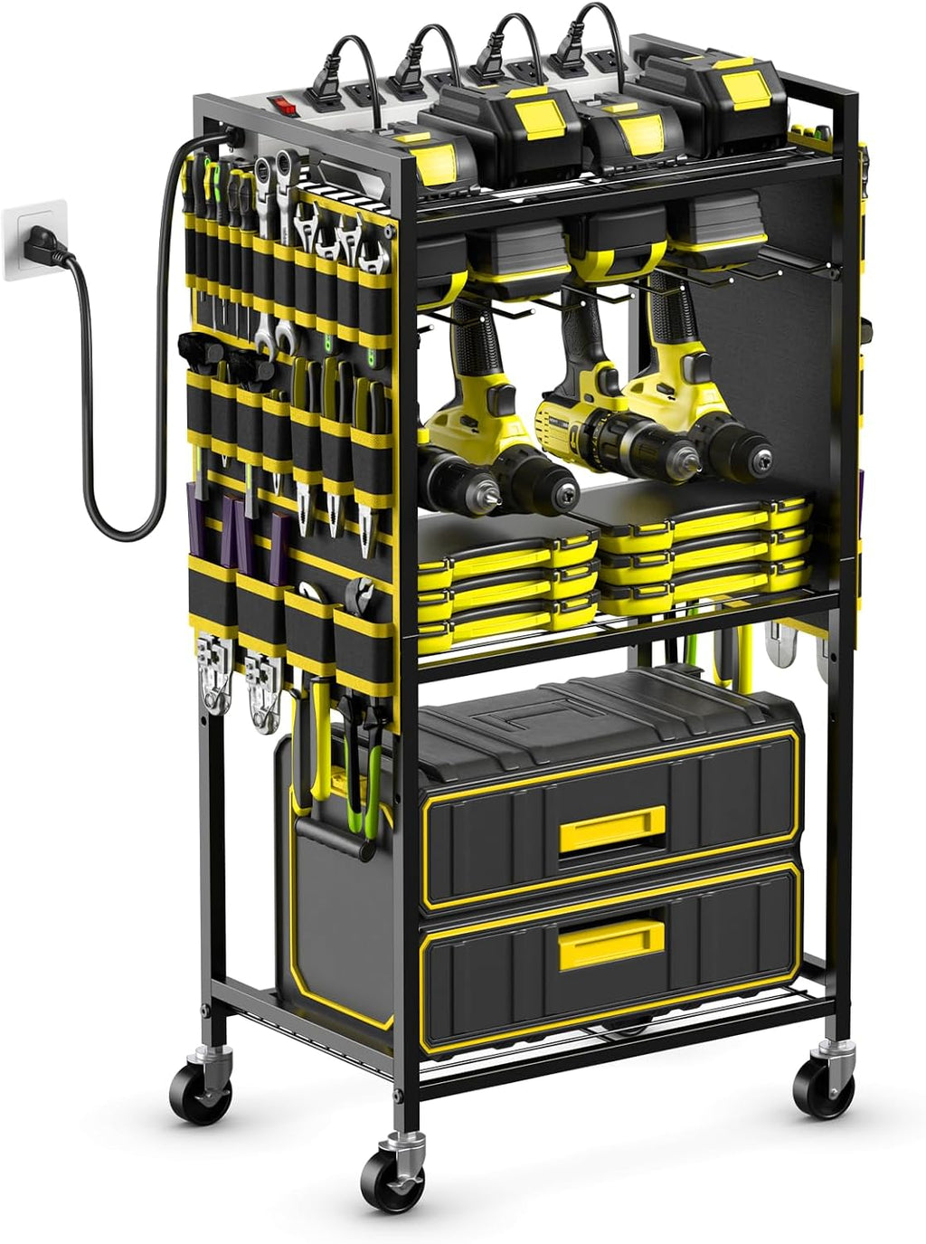 Power Tool Organizer Cart with Charging Station, 6 FT Cord, Yellow