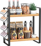 2-Tier Coffee Bar Organizer With Basket,Wooden Counter Shelf for Coffee Bar Accessories,Kitchen Spice Rack Organizer for Countertop-Brown