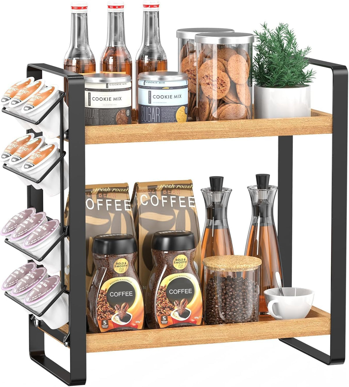 2-Tier Coffee Bar Organizer With Basket,Wooden Counter Shelf for Coffee Bar Accessories,Kitchen Spice Rack Organizer for Countertop-Brown