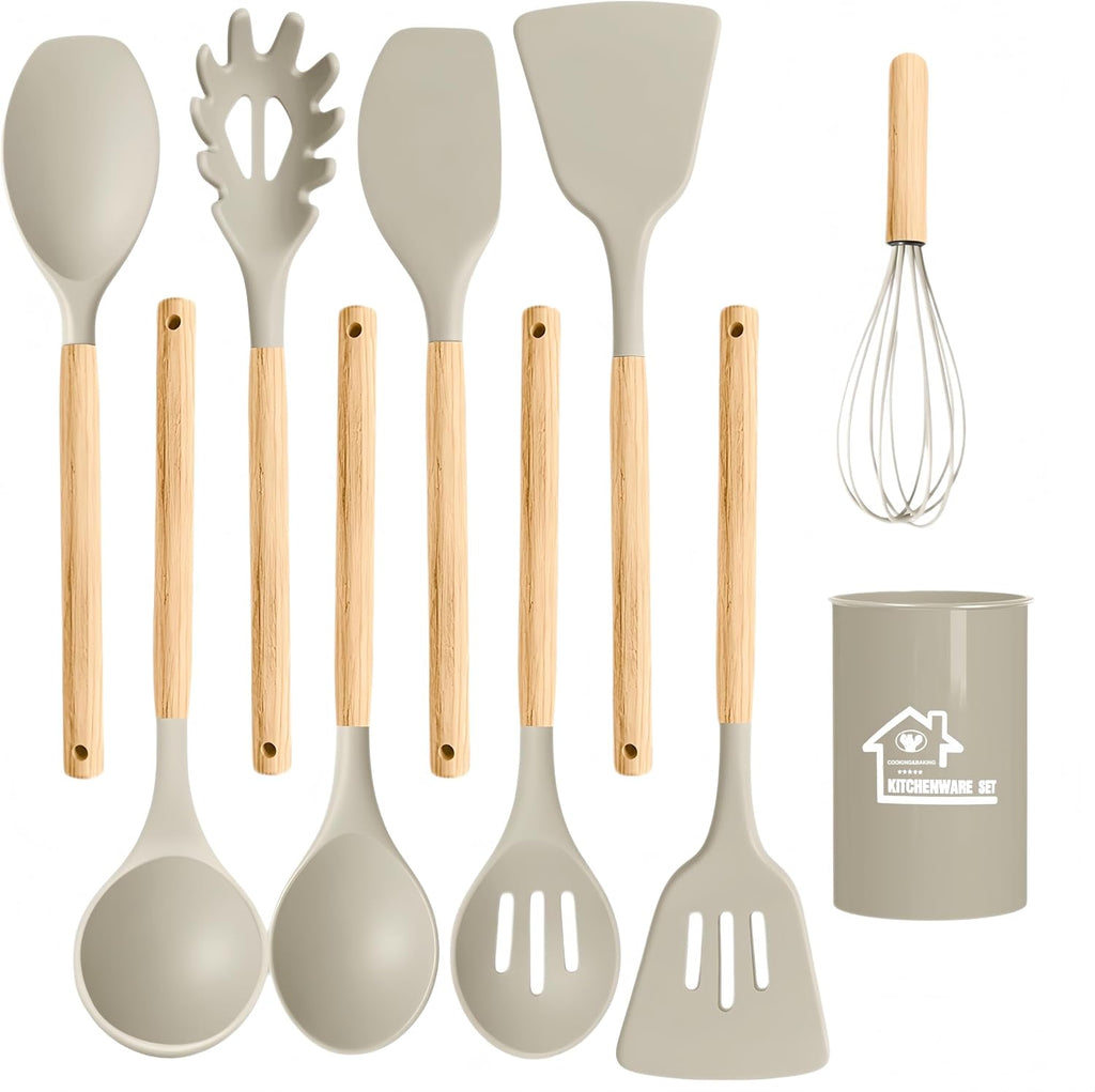 Silicone Cooking Utensil Set,10 PCS Cooking Kitchen Utensils Set, Nonstick Kitchen Utensils 446°F Heat-Resistant Cookware Tools of Spoon,Brush,Whisk,Spatula,Turner Tongs (Khaki)