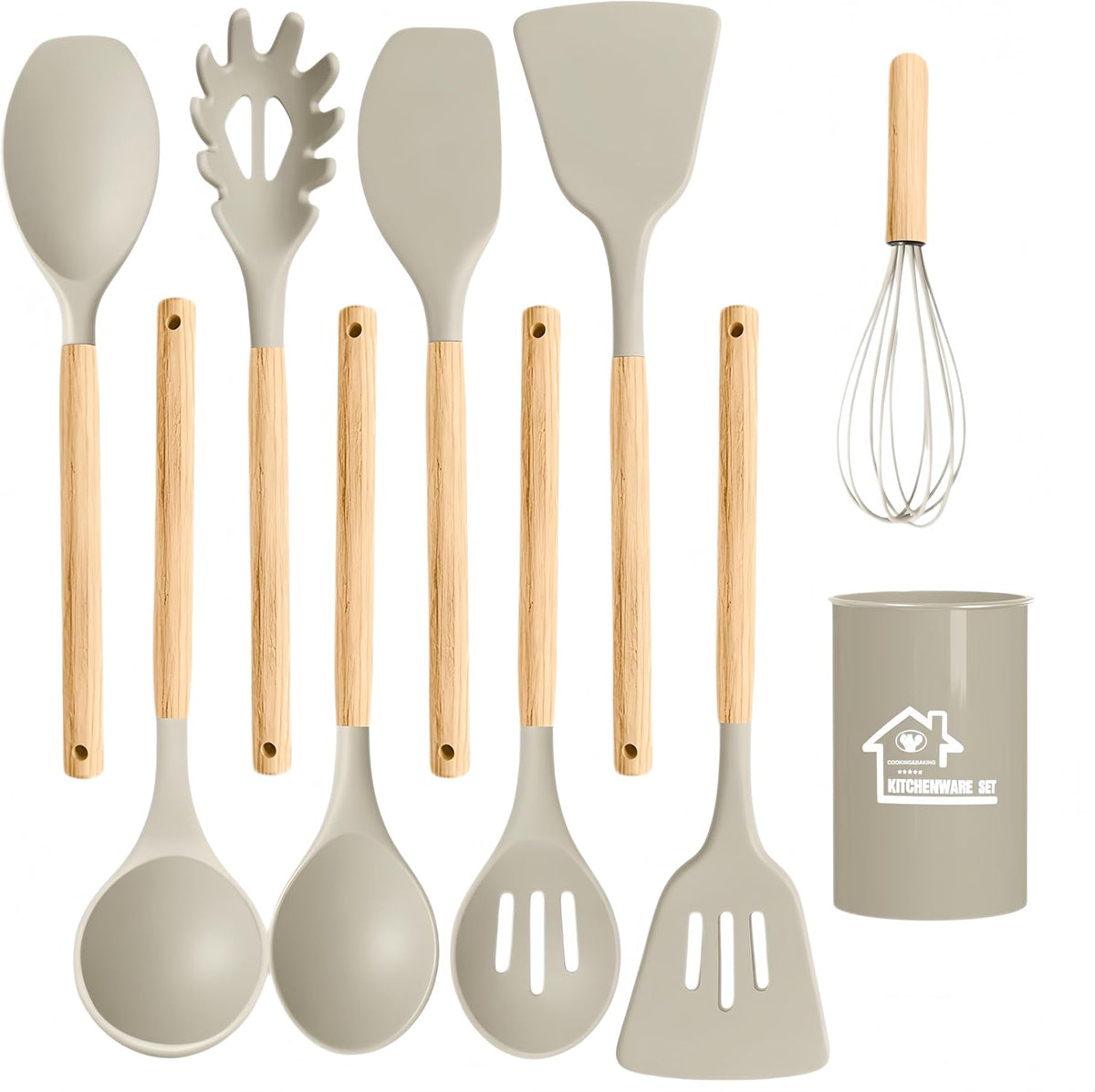 Silicone Cooking Utensil Set,10 PCS Cooking Kitchen Utensils Set, Nonstick Kitchen Utensils 446°F Heat-Resistant Cookware Tools of Spoon,Brush,Whisk,Spatula,Turner Tongs (Khaki)