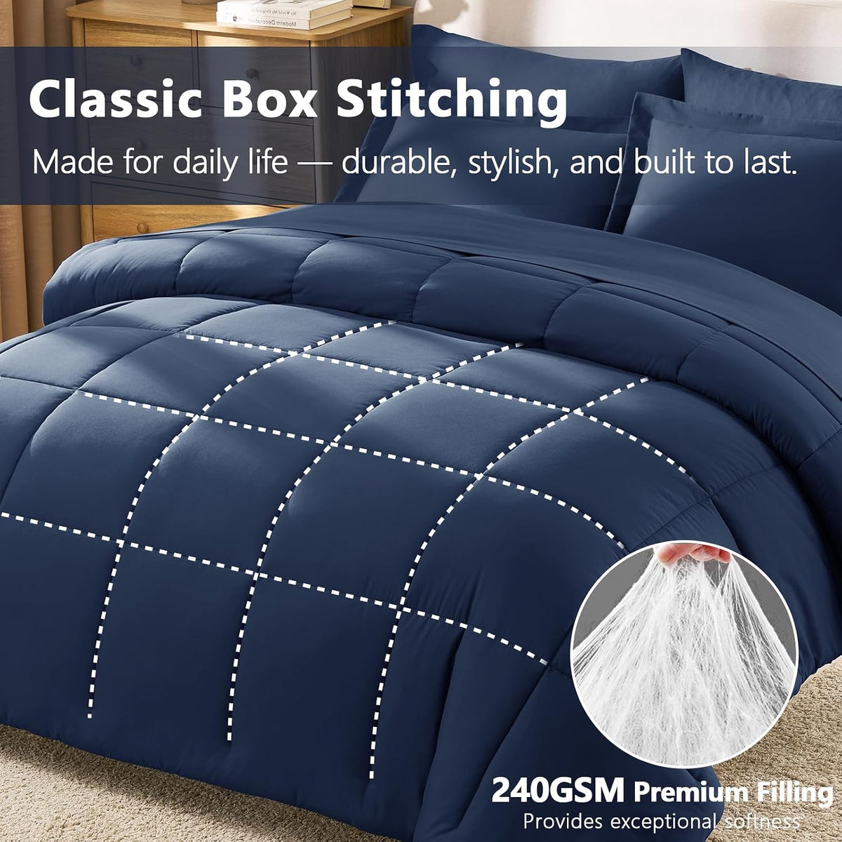 CozyLux Full Size Comforter Sets, 7-Piece Bed in a Bag, Navy Blue