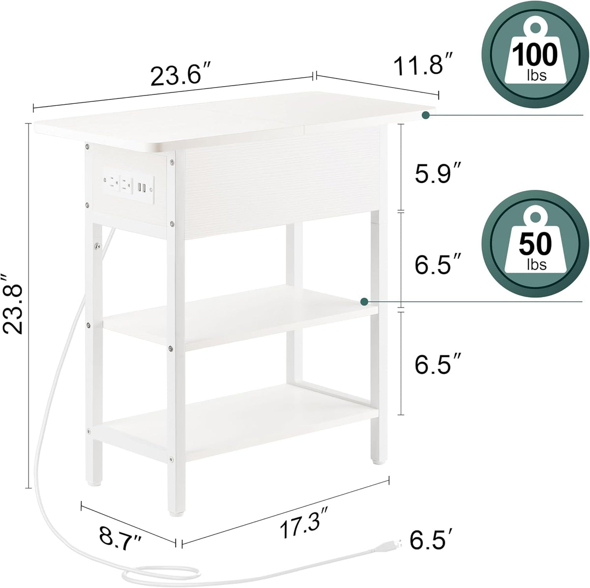 Yoobure End Table with Charging Station, Flip Top Side Table with USB Ports and Outlets, Sofa Couch Table Bedside Table for Living Room Bedroom, Narrow Nightstand with Storage Shelves for Small Spaces