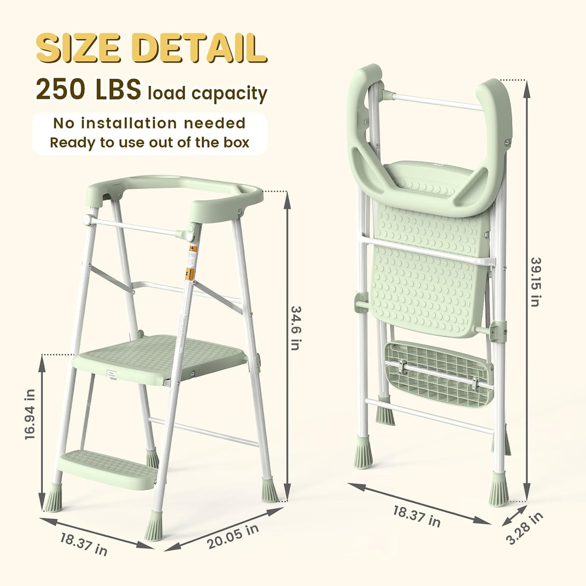 HBTower Kids 2 Steps Step Stool, Foldable Toddler Tower with Safety Railing