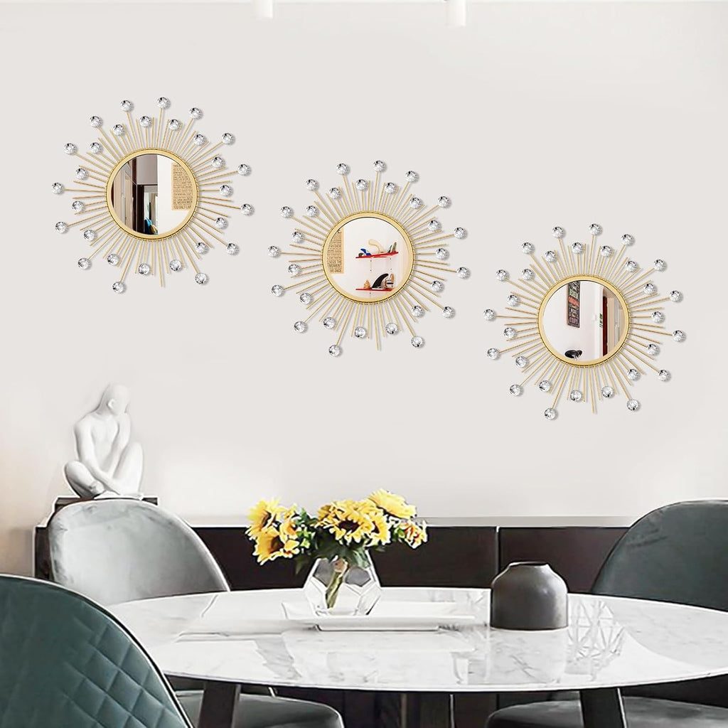 3 Pack Metal Mirrors for Wall Sunburst Wall Mirror Gold Crystal Home Accent