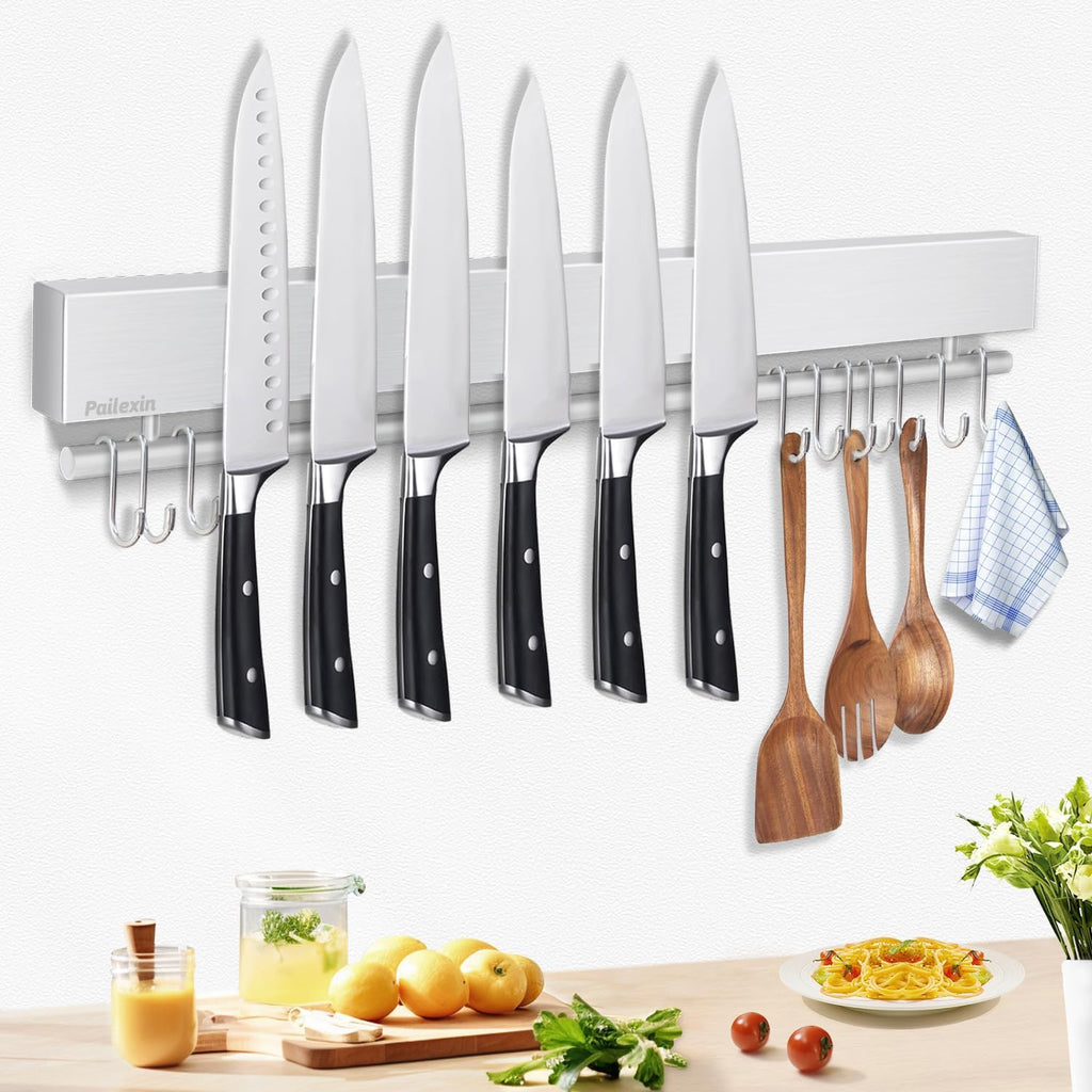 17 inch Magnetic Knife Holder with 10 Hooks, No Drilling Wall Mount, Powerful Magnet Rack
