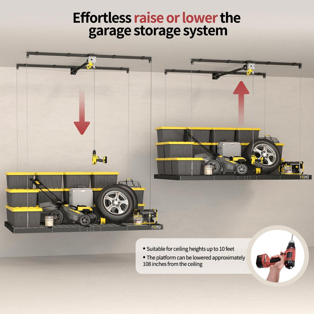 Garage Ceiling Storage Racks – 4x8 FT Overhead Garage Storage Rack with Safety Lock, Heavy-Duty Ceiling Mounted Lift System and Storage Organizer, Ideal for Maximizing Overhead Space, 325 lbs Capacity