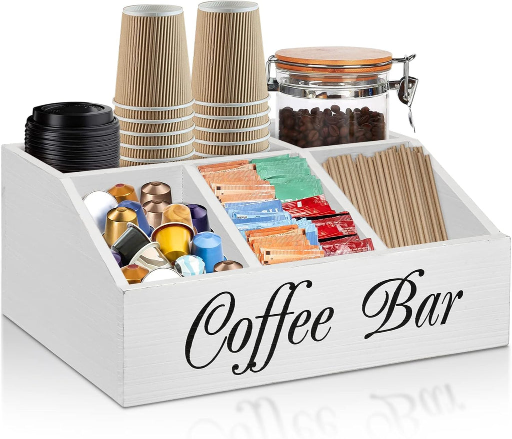 ugiftt Coffee Station Organizer for Counter, Wood Coffee Pods Holder Storage Basket, Tea Condiment Storage Organizer, Rustic Wood Bar Decor for Accessories