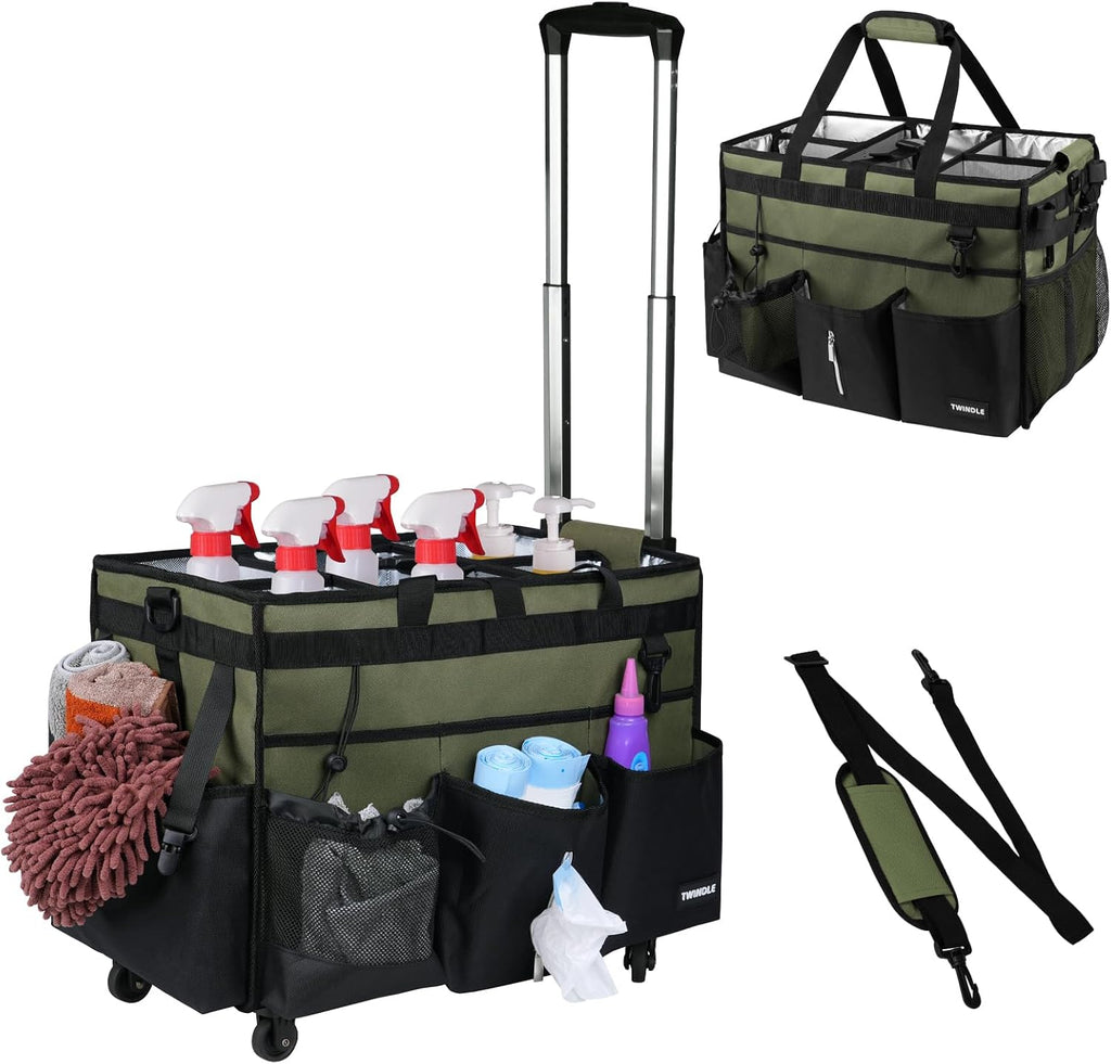Extra-Large Rolling Cleaning Caddy with Wheels,Cleaning Caddy Bag with Detachable Trolley,Water Resistant Lining Cleaning Supply Organizer with Handle for Cleaners,Housekeepers (Army Green)