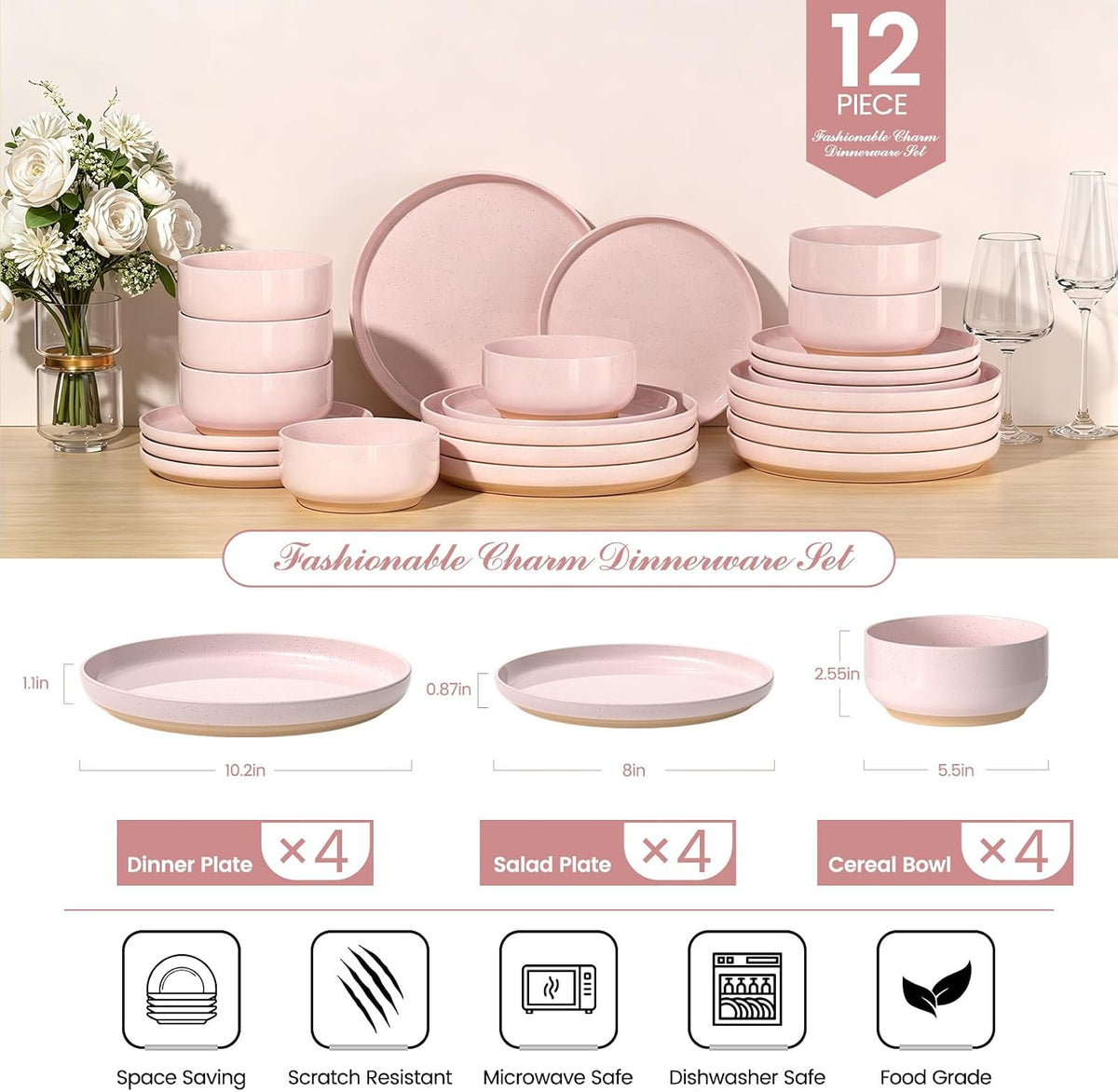 Umite Chef Ceramic Dinnerware Set for 4, 12-Piece Plates and Bowls Set