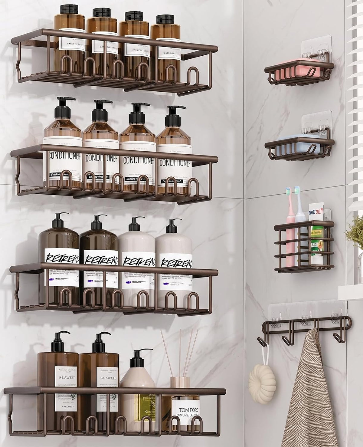 8 Pack Adhesive Bathroom Holders & Dispensers for Kids & Adults, Brown