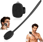 Silicone Back Scrubber for Shower &Silicone Face Scrubber, 2Pcs Silicone Exfoliating Brush Set with 17In Long Handle, Soft Body & Facial Cleansing Scrubber for Men Women