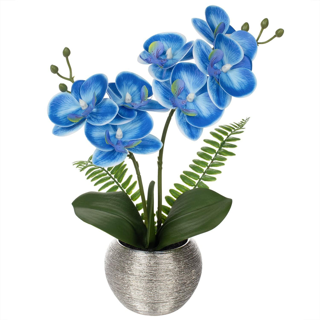Briful 13" Small Artificial Orchid Flowers in Silver Ceramic Pot, Blue Faux Phalaenopsis Silk Orchid Arrangement Fake Orchid Plant for Bathroom Vanity Office Desk Shelf Coastal Home Decor