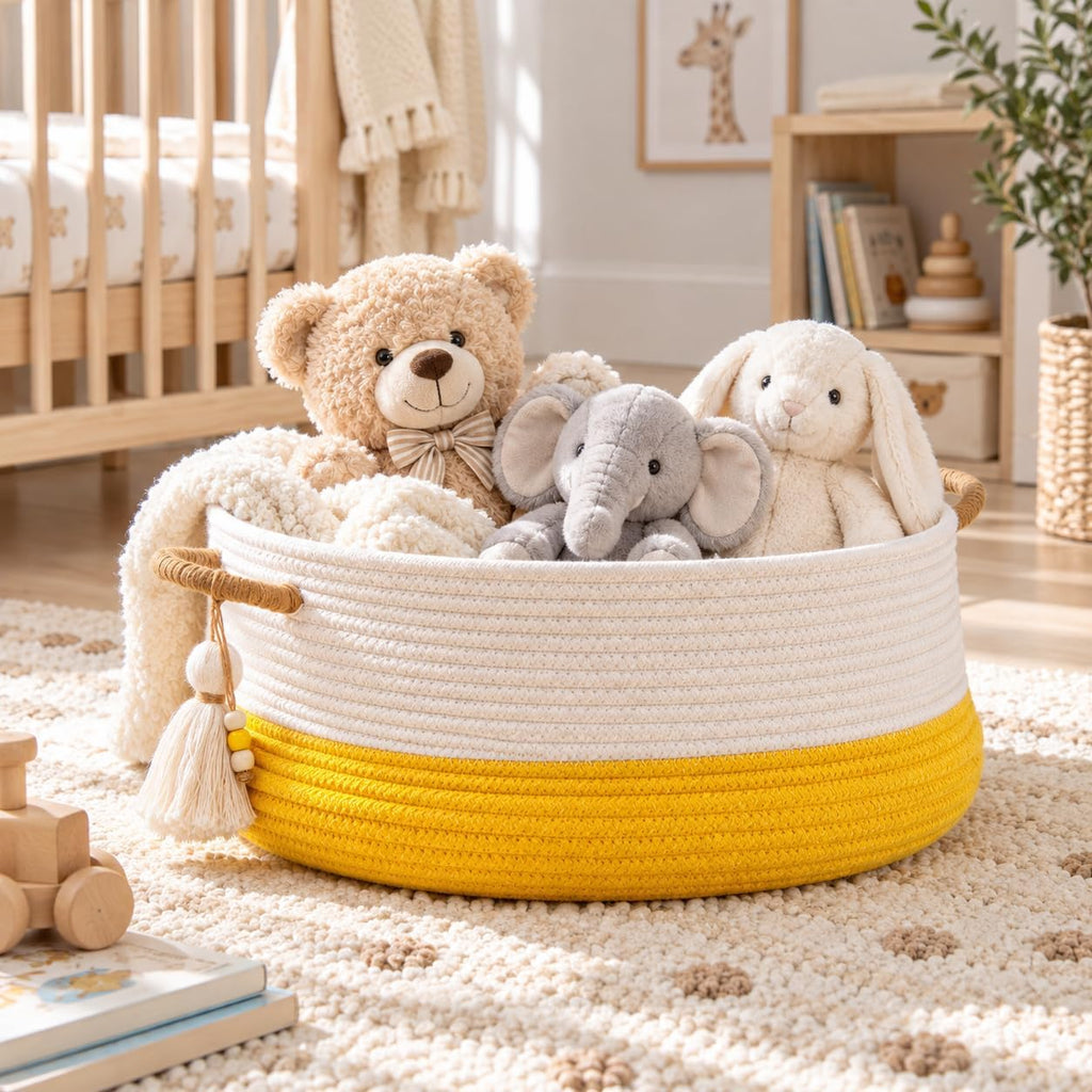 KAKAMAY Woven Baskets for Storage(16"x8"),Blanket Basket for Organizing Living Room,Cotton Rope Basket Woven Baby Laundry Hamper,Collapsible Laundry Room Organization,Clothes,Toy Chest(Brown)