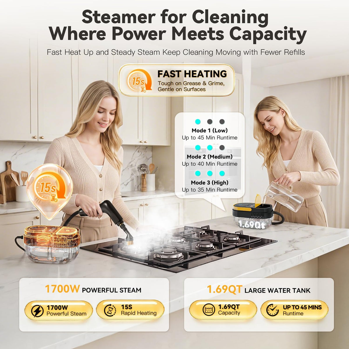Gautye Steam Cleaner, 3 Level Adjustable Handle with 15 Accessories | 15s Heat Up, 1.69 Quarts Tank, Foldable Handle, Portable Steam Cleaner for Home, Kitchen, Bathroom, Tile, Grout, Car Cleaning