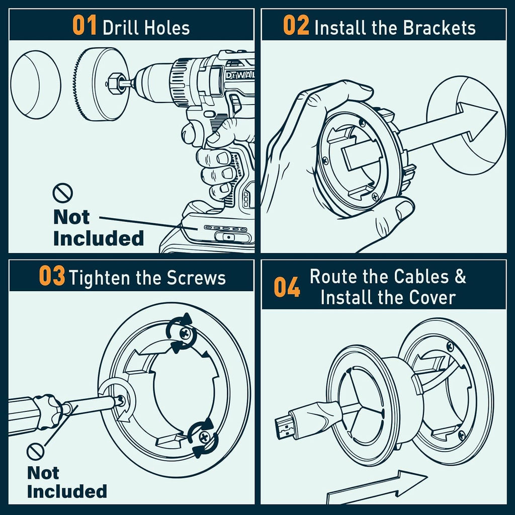 in-Wall Cable Hider 2 Sets, 3" Hole Saw Included, Wall Cable Management Kit for TV, Speaker, Monitor & Other Cables, Large Cable Pass Through with Locking Brackets, Cord Concealer for Clean Setup