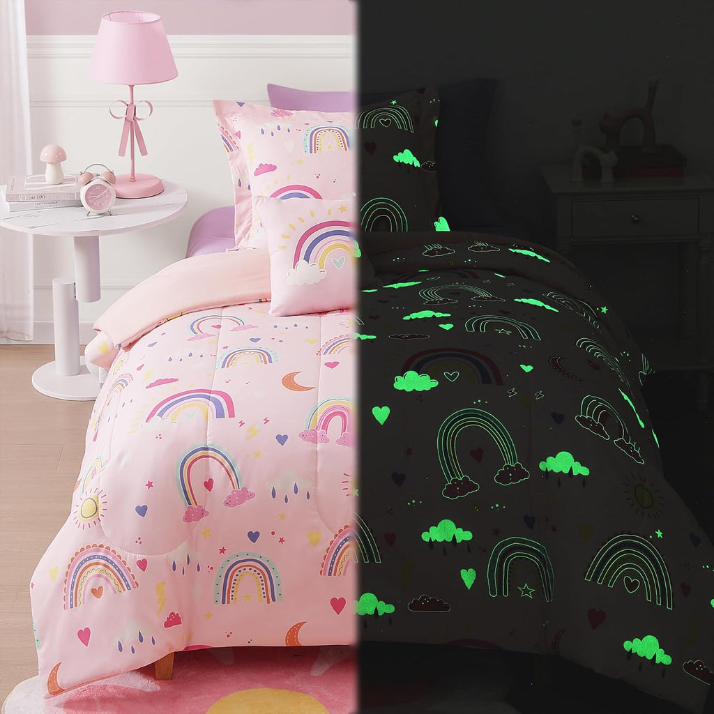 Twin Comforter Set for Girls-3 Pieces Rainbow Glow in the Dark Twin Bedding