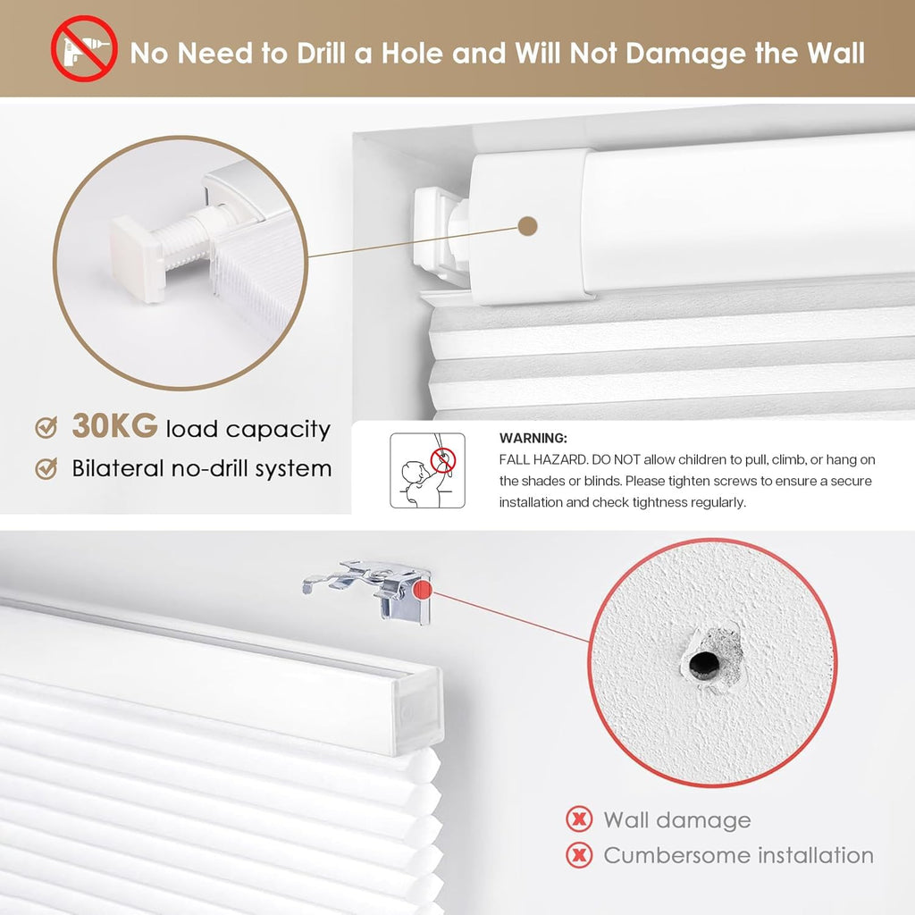 LazBlinds No Drill Cordless Cellular Shades, 33" W x 64" H, White