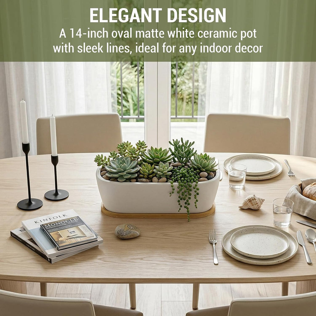 MyGift 14-Inch White Ceramic Succulent Planter with Bamboo Saucer, Oval