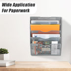 5 Pocket Mesh Hanging Wall File Organizer, Wall Mounted Mail Paper Document Folder Holder, Clipboard Storage Organization Magazine Rack with Nametag Label for Office Home School, Gray