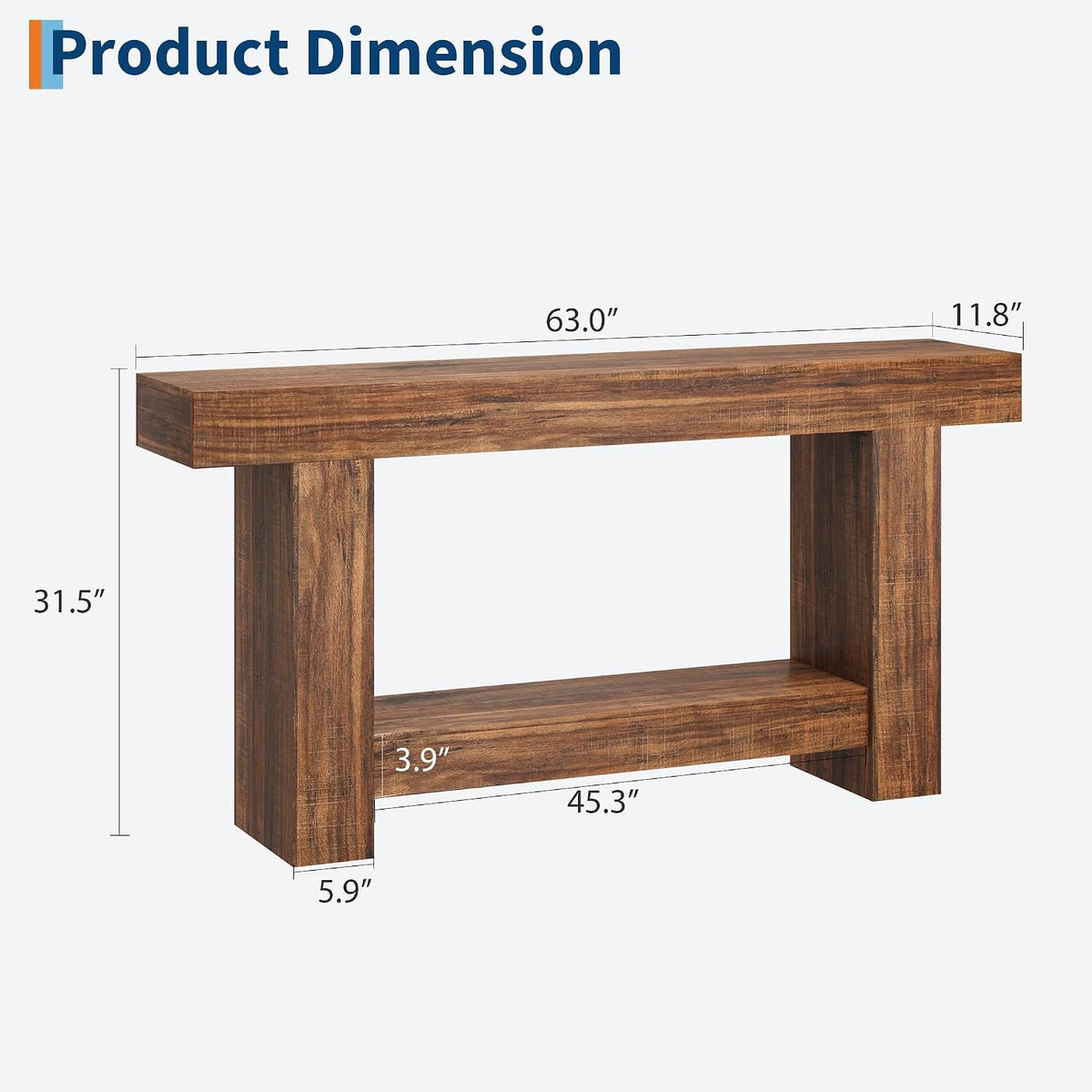 Garvee 63" Farmhouse 2-Tier Console Table for Entryway, Retro Brown