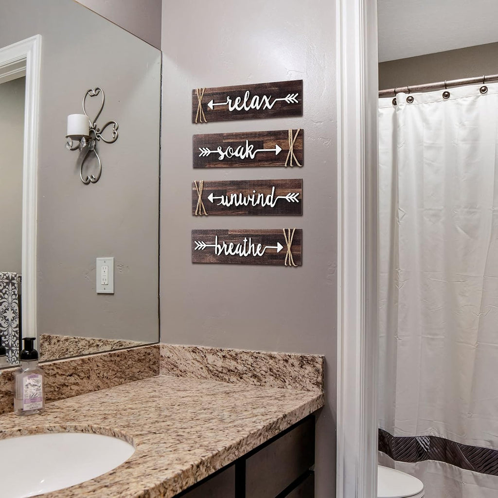 Jetec 4 Pieces Farmhouse Bathroom Decor Wall Art Soak Relax Unwind Breathe Wooden Signs with Arrow Rustic Vintage Country Bathroom Decor for Home Laundry Room(Brown)