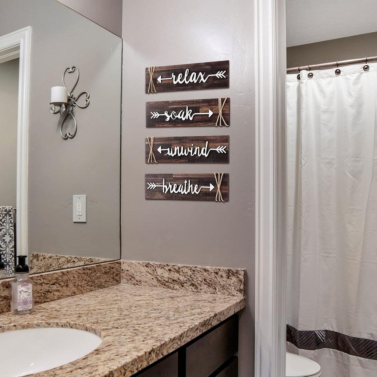 Jetec 4 Pieces Farmhouse Bathroom Decor Wall Art Soak Relax Unwind Breathe Wooden Signs with Arrow Rustic Vintage Country Bathroom Decor for Home Laundry Room(Brown)