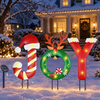 Solar Christmas Lights Outdoor, Metal Joy Reindeer Christmas Wreath Yard Sign Garden Stakes Xmas Holiday Decor for Pathway Patio Lawn Outside