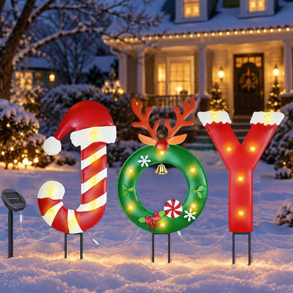 Solar Christmas Lights Outdoor, Metal Joy Reindeer Christmas Wreath Yard Sign Garden Stakes Xmas Holiday Decor for Pathway Patio Lawn Outside